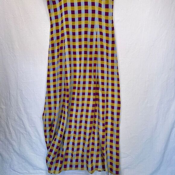 LHD Blue Plum Yellow Gingham Button Down Short Sleeve Silk Dress Size 4 - Picture 9 of 12